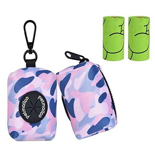 Image of Petmolico Dog Poop Bag Holder Leash Attachment, Waste Bag Dispenser Zippered Pouch, Fits Any Leash, Includes Free Roll of Bags, 2 Pack - Blue Pink Camouflage