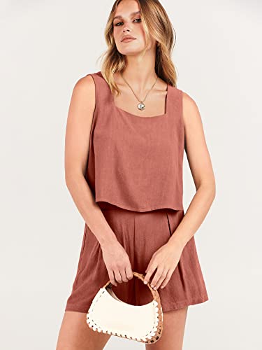 Anrabess Womens Two Piece Outfits Linen Square Neck Crop Short Set Lounge Matching Sets 2023 Trendy Clothes Summer Vacation Set For Beach Vacation Resort 997Xiuhong-S #TOP3