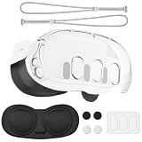 VR Accessories for Meta Quest 3, Anti-Scratch Plastic Protective Cover Shell Tempered Glass Lens Protector Joystick Caps Controller Wrist Strap Compatible with Oculus Quest 3