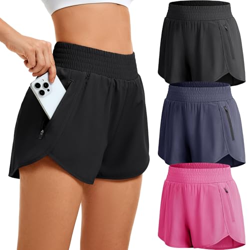 JOVCOVL 3/5er Pack Sport Shorts Damen Sporthose kurz mit Reißverschlusstasche Sommer Atmungsaktive Gym Shorts Damen Laufhose Schnelltrocknende Running Fitness Yoga Trainingshose