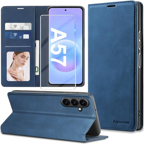 Housse Samsung Galaxy A57 en cuir bleu pliable idéale pour regarder vos vidéos
