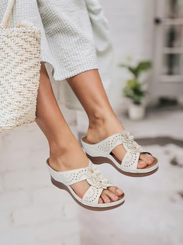 Image of TEMOFON Womens Wedge Sandals Leather: Comfortable Walking Shoes Summer | Fit Wide Foot - Cute Style - Wear True Size 5-11