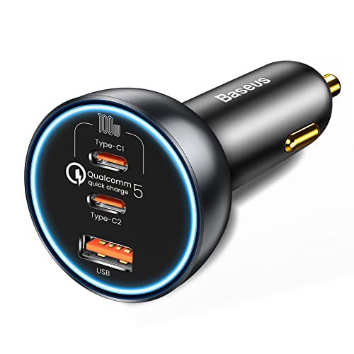 Baseus Allume Cigare USB C 160W Charge Rapide, QC5.0 PD3.0 PPS 100W + 30W + 30W Prise Allume Cigare, 3 Ports de Charge Rapide Simultanés Compatible avec MacBook iPad Samsung Tablet Laptop Cover