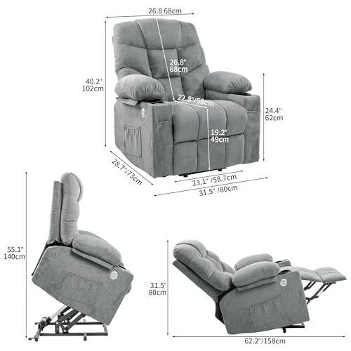 DWVO Power Lift Recliner Chair with Massage & Heat, Modern Fabric Recliner Chair, Spacious Fabric Seat, USB Ports, Cup Holders & Remote Control for Living Room, Light Gray