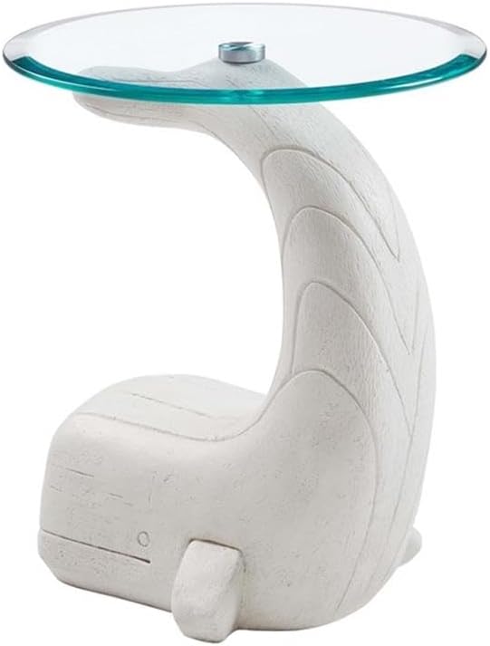 BOWERY HILL Sculptured Whale Accent Table, 20 in Glass Top, Rustic White Finish, Magnesium Oxide Base, Beveled Tempered Glass, 23 in Height, Side Table for Living Room or Bedroom Decor