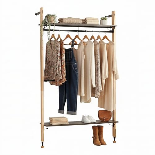 Houseables Wall Closet, Industrial Closet System, Industrial Pipe Clothing Rack, Wall Mounted Clothes Rack, Clothing Organizer, for Garment, Bedroom, Boutique, Retail Display, Real Wood, 83 x 50 Inch