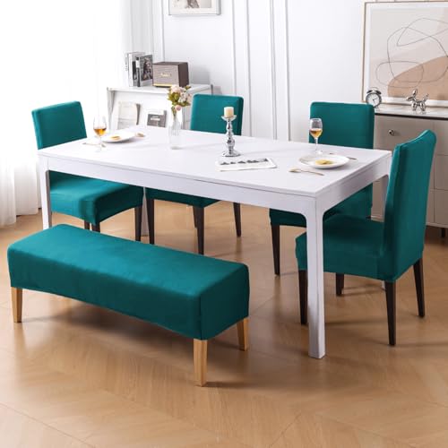 Image of HOKIPO 'SereneSolids' 140 GSM Dining Chair Cover Set of 4 with 1 Bench Cover, Teal (AR-6282-TL)