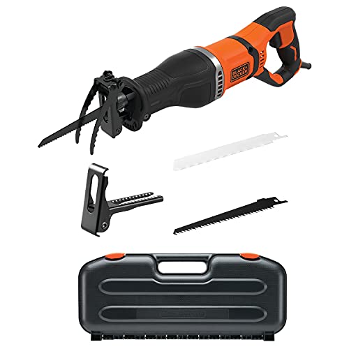 BLACK+DECKER Scie Sabre - 750W - Vitesse Variable - 2800 crs/min - Profondeur de Tête Ajustable - Changement de Lame Sans Outil - Coffret avec 1 Support de Branches Amovibles et 2 Lames - BES301K-QS