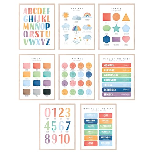 BigWig Prints Bilingual Educational Posters - Spanish and English Learning Posters for Toddlers, Preschool Classroom Decorations, Kids Educational Wall Art - Unframed Set of 8 (8x10)