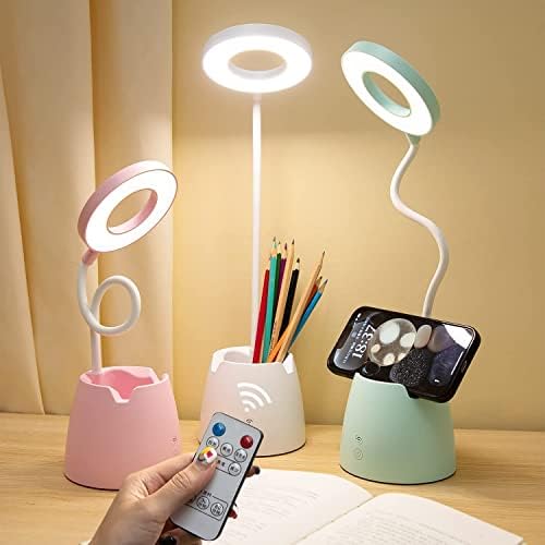 Desk Lamp with Remote Control, LED Desk Light with Dimming and Timing, 3 Color Modes, Eye Protection Study Lamp with Pen Holder and Phone Stand, Small Flexible Desk Lamp for Dorm, Office, Green