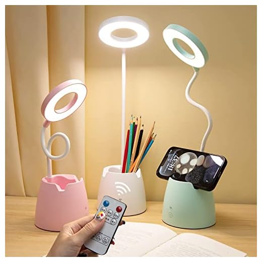 SUUKI Lampe de Bureau, Lampe Bureau Enfant Dimmable avec Fonction de Télécommande, 3 Modes D'éclairage, Chronométré, Rechargeable Garçon Lampe de Table Led avec Porte-stylo et Support Téléphone, Vert