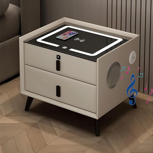 HJYBFA Mesita de Noche Inteligente Carga inalámbrica, 2 Puertos USB y 1 Puerto Tipo C, Altavoces estéreo envolventes y luz LED con desbloqueo por Huella Dactilar (Caqui, 2 cajo