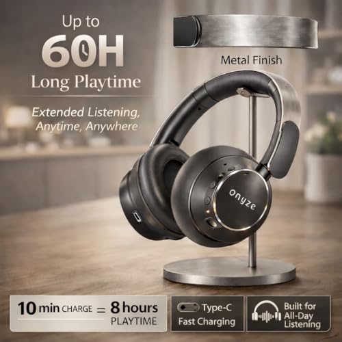 Image of ONYZE VORIC ON903 Over-Ear Wireless Headphones with ANC, Bluetooth 5.4, Dual Pairing, 40mm Drivers, Up to 60H Playtime, Foldable Premium Design (Obsidian Black)