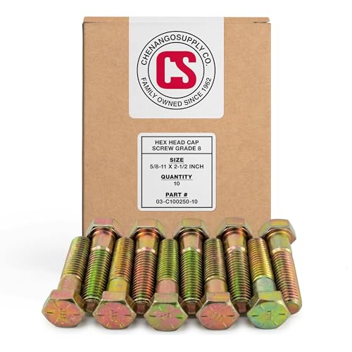 Image of Chenango Supply 5 /8-11 x 2-1 /2 inch Grade 8 Hex Head Cap Screws | Alloy Steel Hex Bolts, 150,000 PSI Tensile Strength, Yellow Zinc Chromate Finish, USS Coarse Thread Fasteners, (10 Pack)