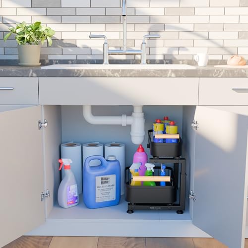 HTH Goods Premium Heavy Duty Carbon Steel Under Sink Organizer, 2 Tier Pull Out Cabinet Organizer, 7 Adjustable Heights with Smooth Ball Bearing Sliding Baskets for Bathroom & Kitchen - Image 2