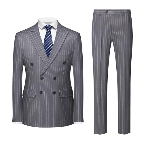 MOGU Mens Double Breasted Pinstripe Suit 2 Piece Slim Fit Tuxedo Formal Jacket and Pants for Business Wedding Prom Size L Dark Grey