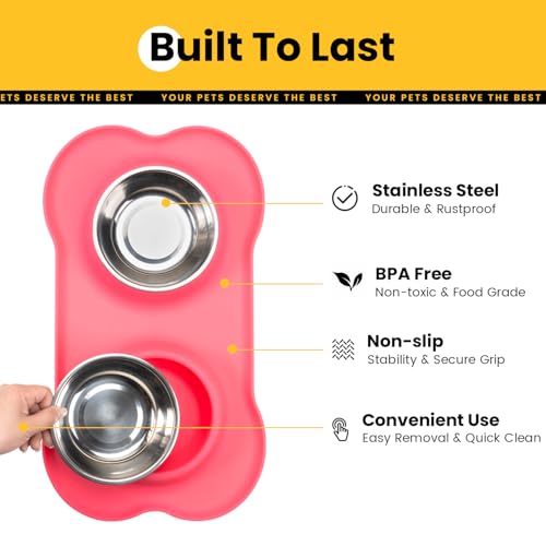 Conlun Dog Bowls with Silicone Feeding Mat,No Spill Food Water Dish Set,Dishwasher Safe,2 Stainless Steel Puppy Bowls with Dogs Bandanas,Suitable for Tiny Pets Under 8lbs,Extra Small,Pink
