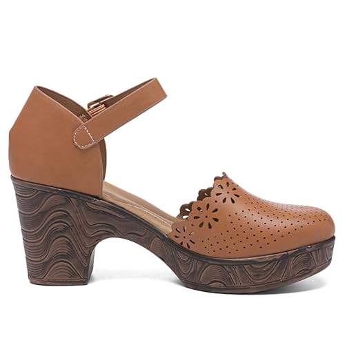 Altxic Women's Closed Round Toe Hollow Out Vamp Ankle Strap Buckle Low Block Chunky Heels Sandals2