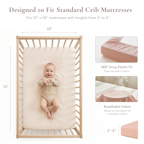 Image of Konssy Muslin Crib Sheets for Girl Boy, 2 PCS Soft and Breathable Cotton Baby Sheets for Standard Crib Mattress, 52 inchx 28 inch (Pink, Cream)