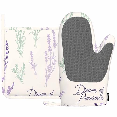 Mxocom Lavender Oven Mitts and Pot Holders Sets Dream of Provence Lettering Vintage Botanical Floral Silicone Heat Resistant Kitchen Oven Gloves Pot Holder for Cooking