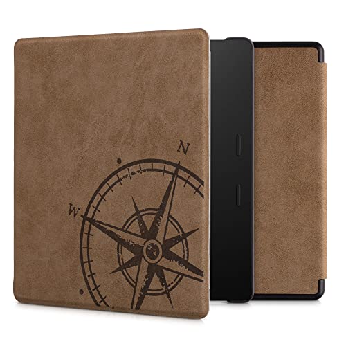 kwmobile Case Compatible with Amazon Kindle Oasis 10. Generation - Faux Suede Cover - Navigational Compass Brown