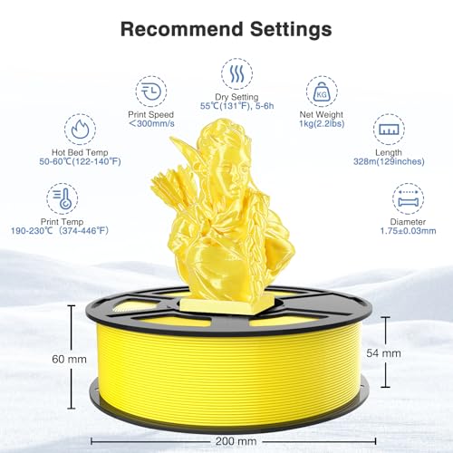 Image of Yellow Silk PLA Filament 1.75mm, High Speed PLA for Fast Printing 3D Printer Filament Low Warp & Clog-Free, Dimensional Accuracy + /- 0.03mm, 1kg(2.2lb), Fits for Most FDM 3D Printers