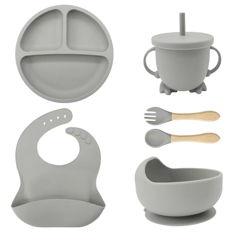Eliano Sicheres & Rutschfestes Silikon Baby-Geschirrset - 6-teilig | Perfekt für die Beikosteinführung & Selbstständiges Essenlernen | Mikrowellen- und Spülmaschinenfest (Grau)