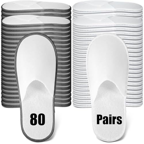 Ramede 80 Pairs Non Slip Disposable Slippers Bulk Hotel Spa Fluffy Closed Toe Indoor Slippers for Guests Men Women Home Wedding Travel Party (White,Gray)