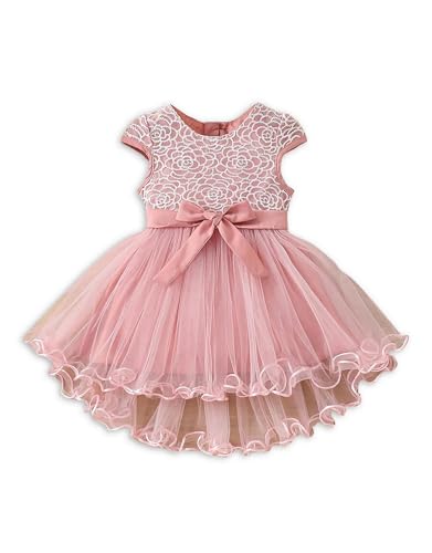Image of PAMBERSTON Girls Pink Frock Dress | Lace Bodice Round Neck Dress with Bow Waist and Layered Net Skirt | Cute Casual Outfit | Perfect Frock for Parties, Birthday, Wedding