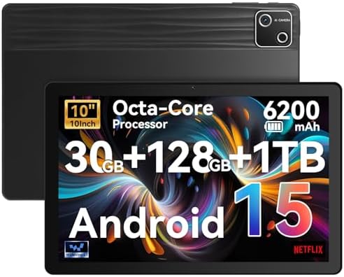 Tablet, 10 inch tablet Android 15 with Octa-core Processor, 30GB+128GB+1TB Expand, 6200mAh, 15W Fast Charge, 1280x800 HD IPS Screen, WiFi 6, BT 5.4, Dual Camera, Widevine L1 support, GMS Certified