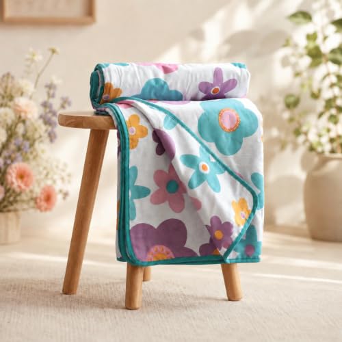 Image of LORETO - A QUALITY LINEN BRAND 100% Cambric Cotton Single Dohar 58 x 88 Inches, 3-Layer Lightweight AC Blanket with Soft Cotton Flannel Filling, Breathable Summer Quilt, Reversible, Candy Flowers