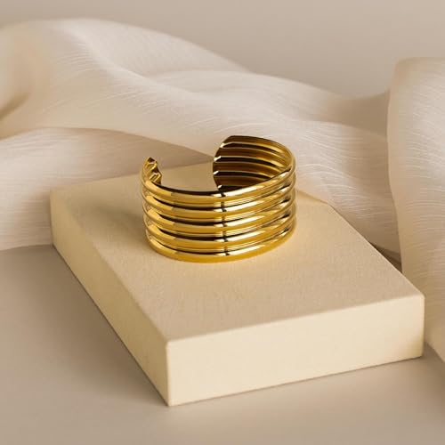 Collner Ribbed Cuff Bracelet for Women Vintage Boho Wide Minimalist Bangle Bracelets Statement Bracelet Thick Arm Cuff Gold Silver Bracelet4
