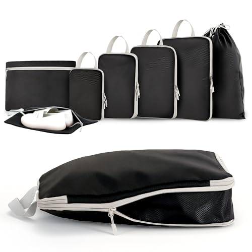 MEUVO Packwürfel Kompression für die Reise - Extrem platzsparender Koffer-Organizer-Set, wasserdichte Packtaschen für Koffer oder Rucksack, 7er-Set Compression Packing Cubes