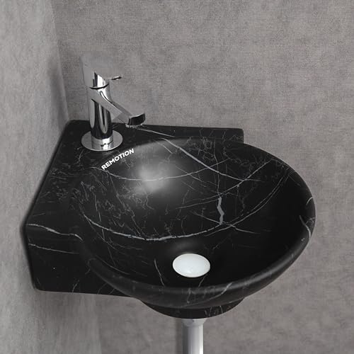 Image of REMOTION Wall Mounted Wash Basin for Bathroom | Wall Hung Corner Sink | Ceramic Round Wall Hung Wash Basin | Wall Hung Small Corner Basin (16.3 x 13.8 x 4.3 Inch) (Black White Stripe)