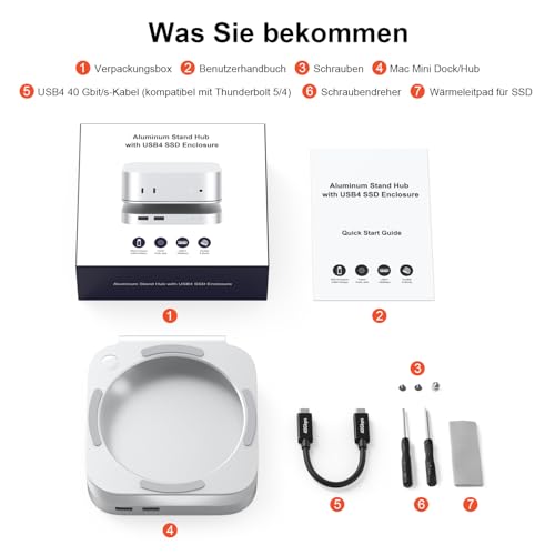 Image of Qwiizlab 40Gbps Mac mini M4 /M4 Pro Stand Hub with USB4 NVMe SSD Enclosure, USB-C Host, 3 USB-A 2.0, 3.5mm Audio, Supports M.2 PCIe up to 8TB, Compatible with Thunderbolt 4 /5