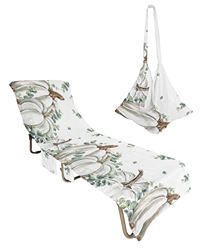 Eucalyptus Beach Chair Towel Covers for Chaise Lounge with Side Pocket, Soft Plush Pool Towels Cover for Patio Sunbathing Outdoor 29''x85'' Thanksgiving Fall White Pumpkin Leaves