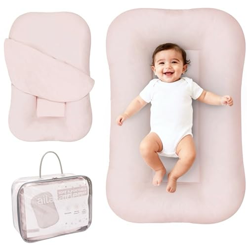 Image of Aila + Aiden Baby Lounger | Organic Cotton Infant Lounger | Adjustable & Portable Floor Lounger | Supervised Use | Soft, Breathable, Washable Cover - Snuggle Collection - (Pink)