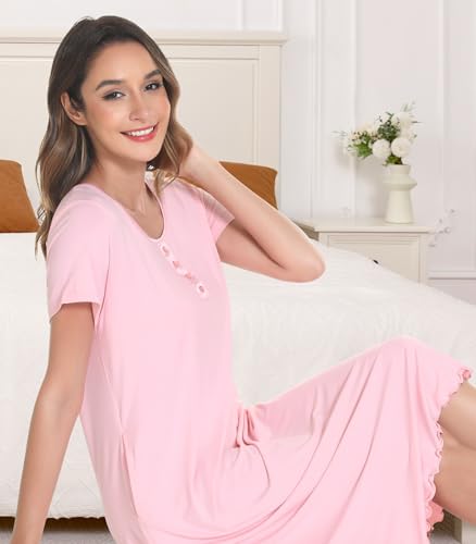 Image of NACHILA Bamboo Viscose Nightgown for Women Short Sleeve Crew Neck Sleepwear