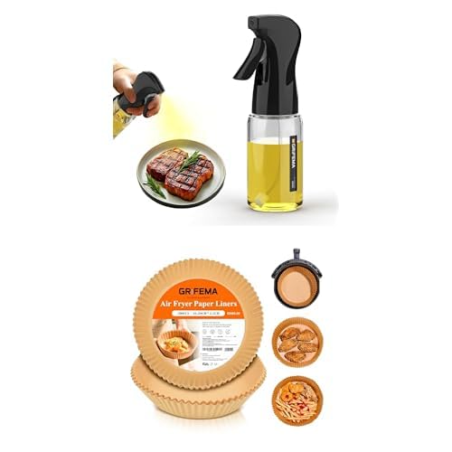 GRIFEMA Pulverizador de Aceite de Vidrio 200ml y Papel de Horno 100 Hojas para Air Fryer Sin BPA