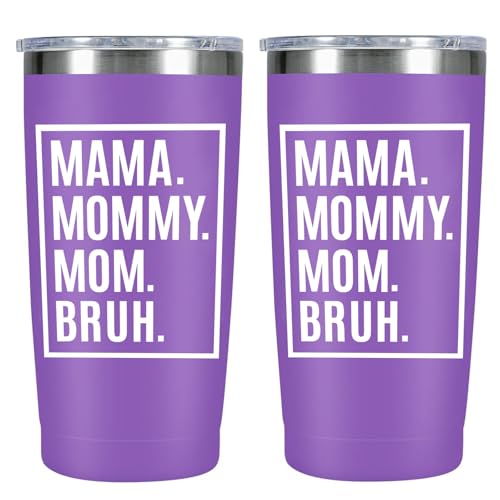 Waldeal Mama Mommy Mom Bruh Tumbler with Lid, Funny Mothers Day Gifts for Mom from Son, Daughter - 20oz Insulated Coffee Travel Mug for Women, Purple