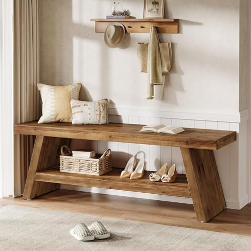 TRIBEWOOD Banc d'entrée à 2 niveaux, sièges en bois massif avec étagères ouvertes, banc à chaussures en bois d'intérieur pour entrée, salon, chambre à...