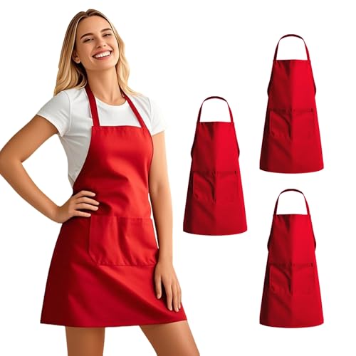 juningxin 3 Pack Kitchen Cooking red Aprons with 2 pockets Aprons for Women/Man/Chef with Pockets Aprons Kitchen Craftsmanship (red)