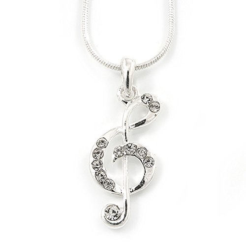 Colgante de clave de sol de cristal transparente con cadena plateada extensible y pendientes 7