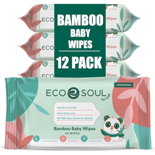 Eco Soul Toallitas de bambú para bebé, 768 unidades, sin perfume y compostables, 99.9% de toallitas de bambú a base de agua, hipoalergénicas para pieles sensibles, toallitas orgánicas para bebés