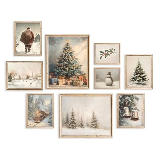 ASTRDECOR Vintage Christmas Wall Art, 9-Piece Winter Holiday Poster Set, Santa, Snowman, Pine Tree Prints for Cozy Xmas Room Décor, Largest 11"x14", Multi Sizes, Christmas Picture Decorations Unframed