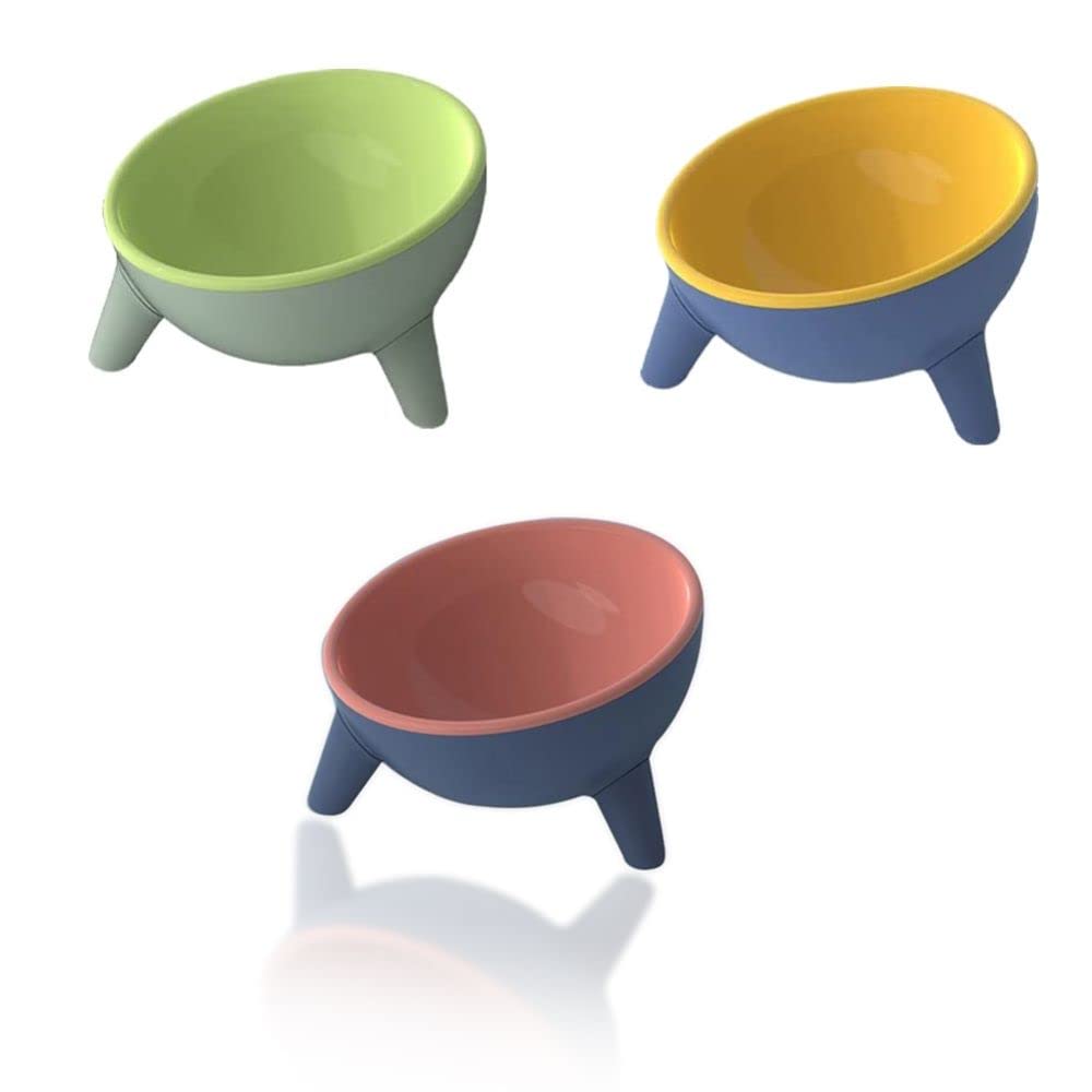 3PCS Tilted Raised Cat Bowls, Elevated Cat Food & Water Bowl Kittens Dishes 15° Inclined Angle Cat Feeder (Yellow, Green, Red) — image 1