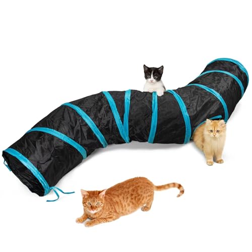 Qinxuepet Cat Tunnel S-Shape Cats Cave with InteractiveCat Toys Indoor Foldable Cat Tubes and Tunnels for Kittens Puppies Kitten Rabbit Guinea Pigs (Blue & Black)