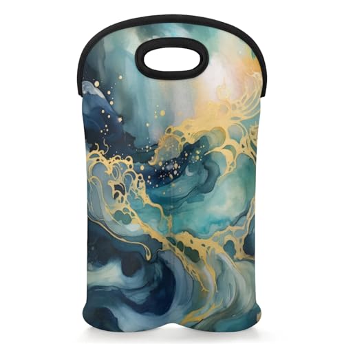 GzLeyigou 2 Bottles Abstract Wine Bag Sleeve Totes Marble Ink Paint Neoprene Protective Wine Carrier Bag for Wine,Water, Champagne, Beer, Baby Bottles,Gift 14.5 x 10 Inches