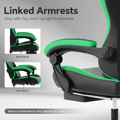 Image of Gaming Chair, Computer Office Chair with Footrest, Adjustable Height & Backrest Gaming Chairs with Swivel for Adults, High Back PU Leather Ergonomic Chair with Lumbar Support, Blackgreen