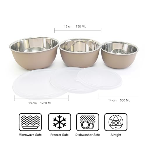 Image of Microwave Safe Stainless Steel Food Storage Container with Lid | Euro Mixing Bowl Set for Kitchen | 500ml, 750ml, 1250ml | Pack of 3 | Leak-Proof (Sand Brown 3)